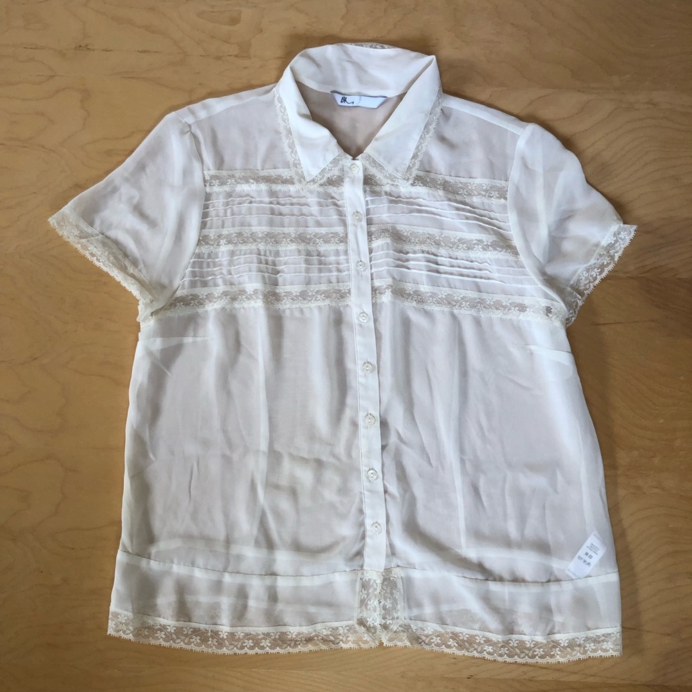 BHs Short Sleeved Sheer Lace Detail Blouse Whimsical button up in cream